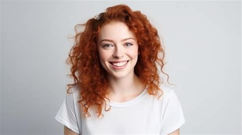 Premium AI Image | Redhead woman wearing white shirt mockup at grey background Design tshirt ...