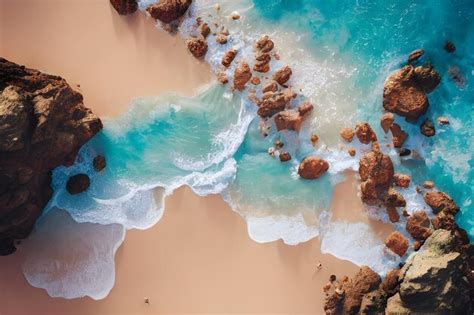 Premium AI Image | Aerial view of a beach with rocks and the ocean in the background