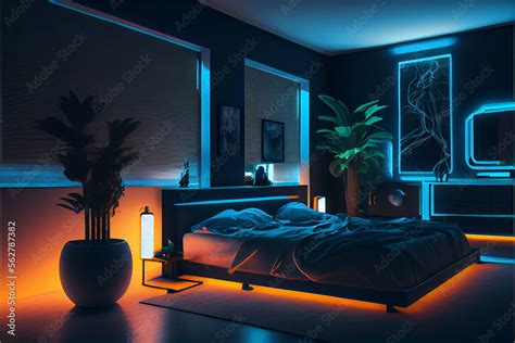 Modern bedroom interior with neon lights glowing ambient in the evening ...