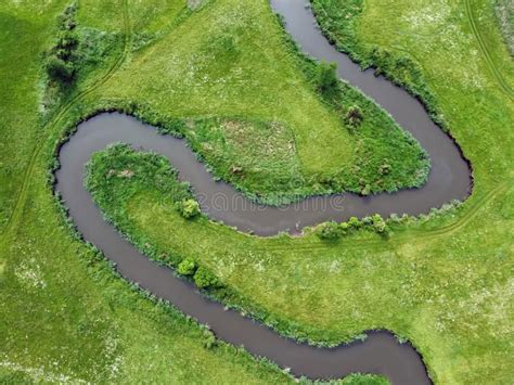 Aerial View Landscape of Winding River in Green Field Stock Photo - Image of winding, river ...