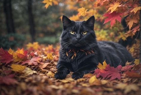 Premium AI Image | Cute black cat in autumn leaves