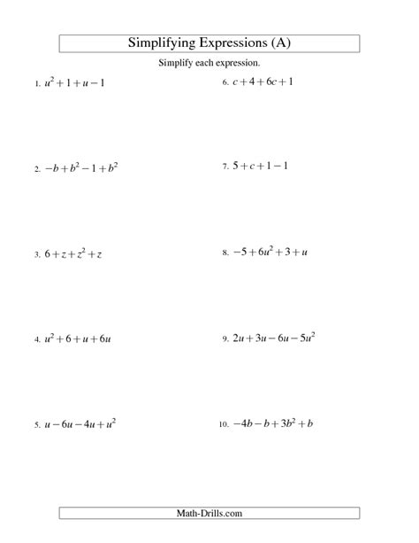 Simplifying Algebraic Expressions Worksheets