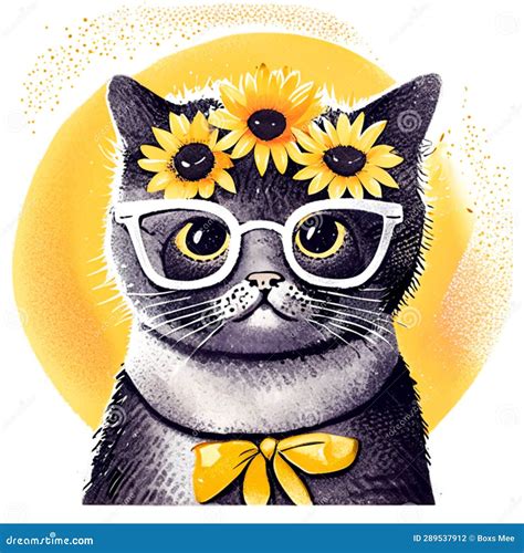 Cute Black Cat with Sunflowers on the Head. Vector Illustration ...