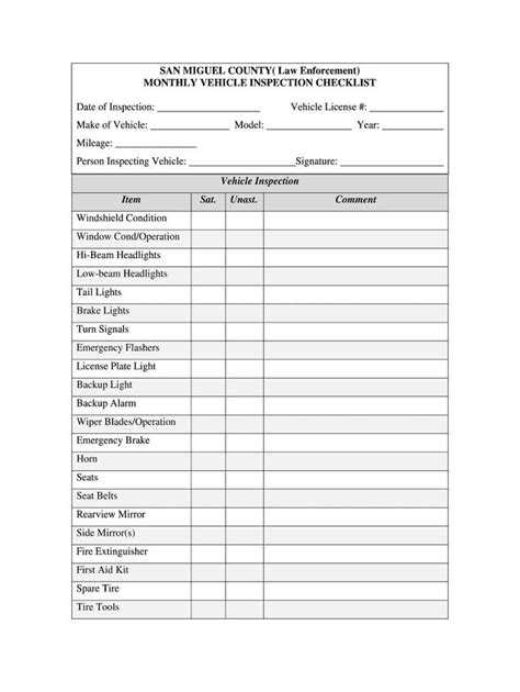 Monthly Vehicle Inspection Checklist Fill Online Throughout Vehicle ...