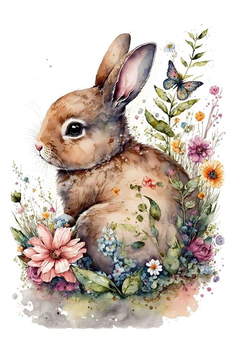 Watercolor Adorable Baby Bunny in Flowers, Easter Wall Art, Digital Art ...