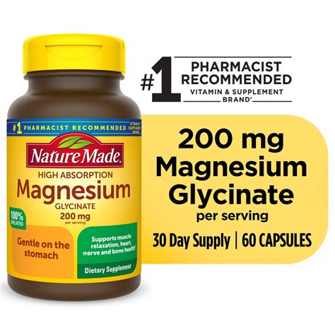 Nature Made Magnesium Glycinate 200 mg per serving is a 100% chelated ...