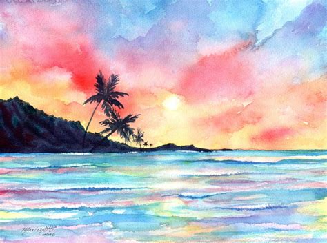 Kauai Sunset Art, Beach Wall Art, Watercolor Sunset Print, Hawaii Decor ...