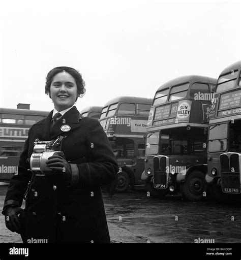 Woman Bus Conductor by Red Double Decker Buses 1960 Stock Photo - Alamy