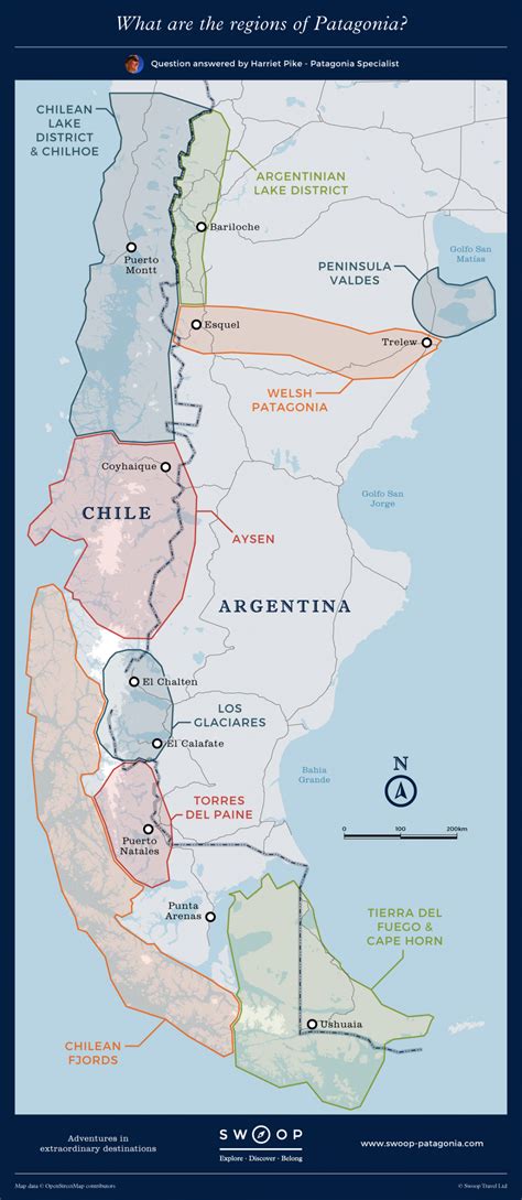 Map showing regions of Patagonia. Patagonia stretches across Chile and Argentina, occupying most ...