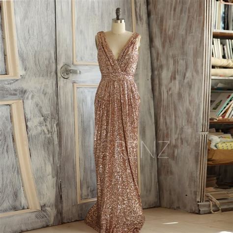 2015 Rose Gold Bridesmaid Dress, Long Gold Sequin Wedding Dress ...