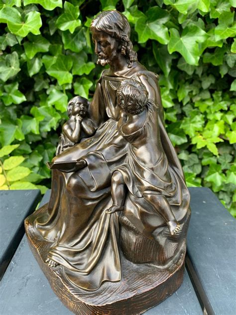 Antique Bronze Religious Art Sculpture / Statue Depicting Christ with Children For Sale at 1stDibs