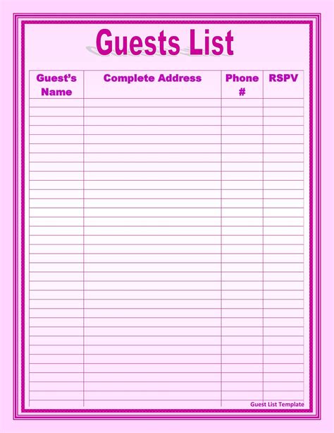 Free Printable Guest List Template - Printable Templates