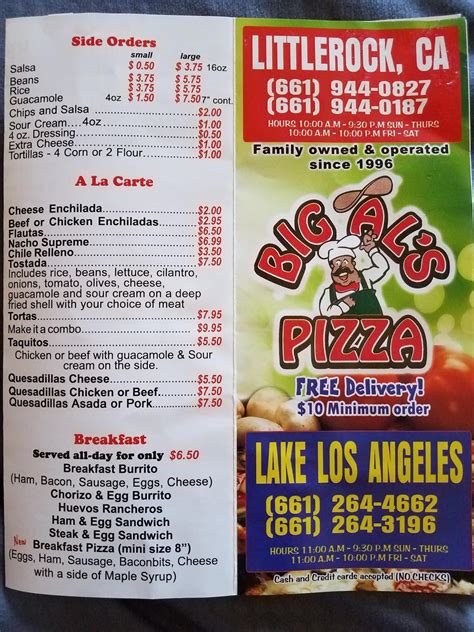 Menu at Big Al's Pizza pizzeria, Lake Los Angeles, 170th St E