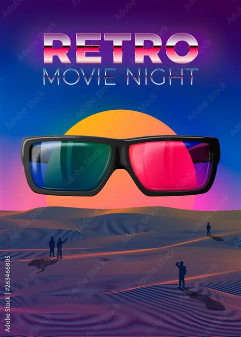 Vector retro movie night poster design template in 80s vintage futurism ...