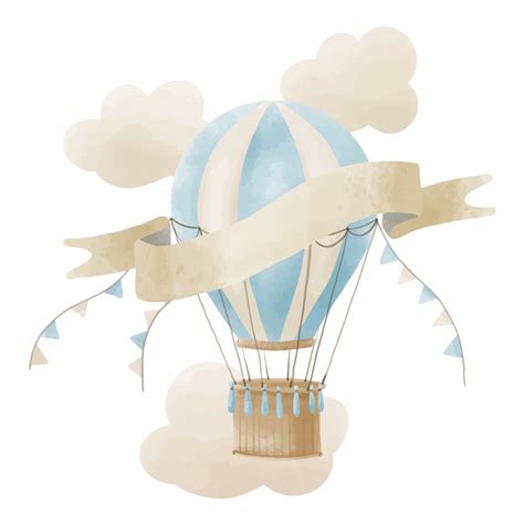 Watercolor hot Air Balloon with clouds and space for text. Hand drawn ...