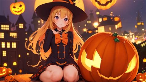 Premium AI Image | Cute witch girl on halloween night anime art for ...