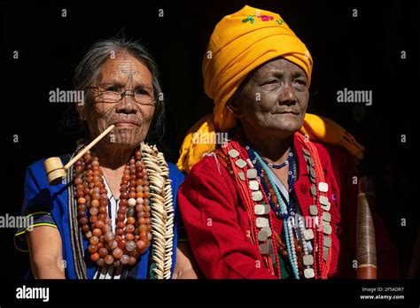 Two women with traditional tattooed faces, Mindat, Chin State, Myanmar ...