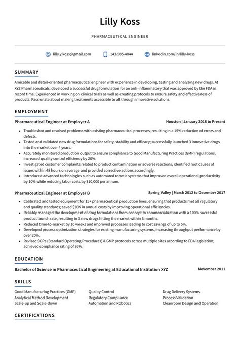 Pharmaceutical Engineer Resume (CV) Example and Writing Guide