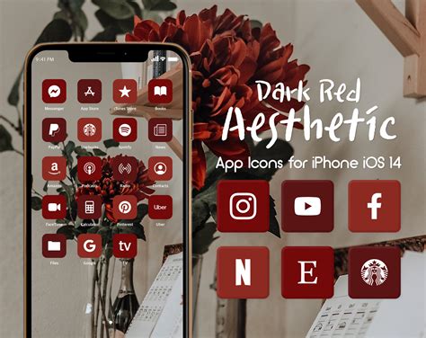 Design & Templates Red Home Screen Kit Aesthetic App Covers 900 Aesthetic iOS 14 App Icons ...