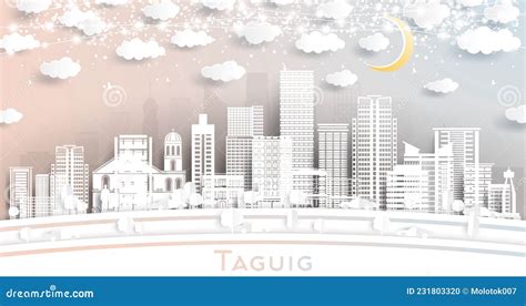 Taguig Philippines City Skyline in Paper Cut Style with White Buildings, Moon and Neon Garland ...