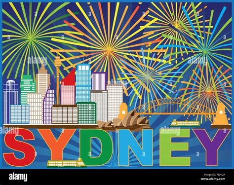 Sydney Australia Skyline Landmarks Harbour Bridge Colorful Abstract Fireworks Display Background ...