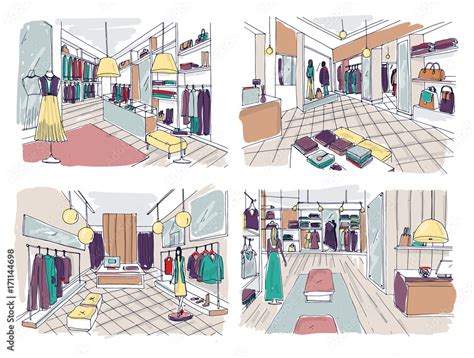 Colorful drawings of clothing boutique interior with furnishings, counters, showcases ...