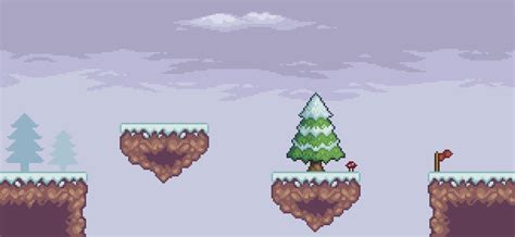 Pixel art game scene in snow with floating platform, pine trees, clouds ...