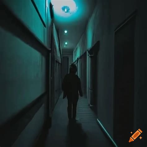 Man walking in a spooky hallway on Craiyon