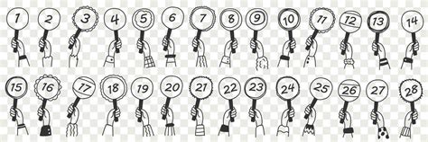 Human hands with number signs doodle set. Collection of hand drawn ...