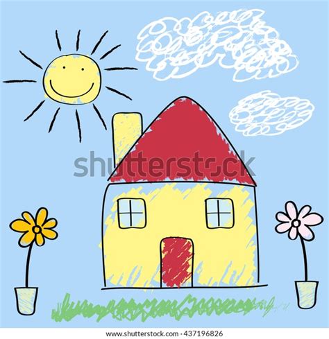 Kids Crayon Drawing Sunny Day House Stock Vector (Royalty Free ...