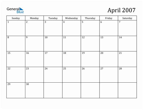 April 2007 Monthly Calendar (PDF, Word, Excel)