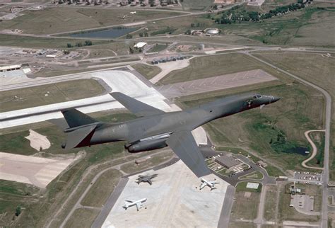 An air-to-air right side view of a 28th Bombardment Wing B-1B aircraft over Ellsworth Air Force ...