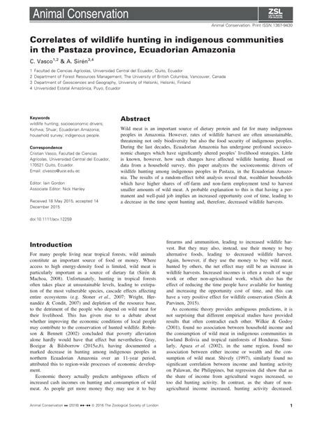 (PDF) Correlates of wildlife hunting in indigenous communities in the Pastaza province ...