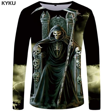 KYKU Brand Skull Long sleeve T shirt Men grim Reaper Tshirt Gothic 3d T ...