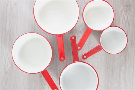 Enamel Cooking Pots / Set of 5 Vintage Red and White Porcelain and Enamel Rustic Camping ...