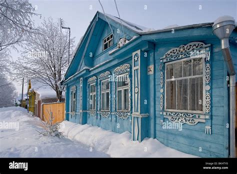 Russia,Golden Ring,Suzdal,typical houses,Winter,snow,wooden house,window,coloured,painted Stock ...