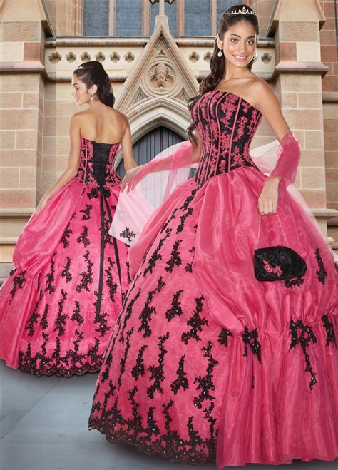 Deep Pink and Black Ball Gown Strapless Full Length Quinceanera Dresses With Appliques and Ruffles