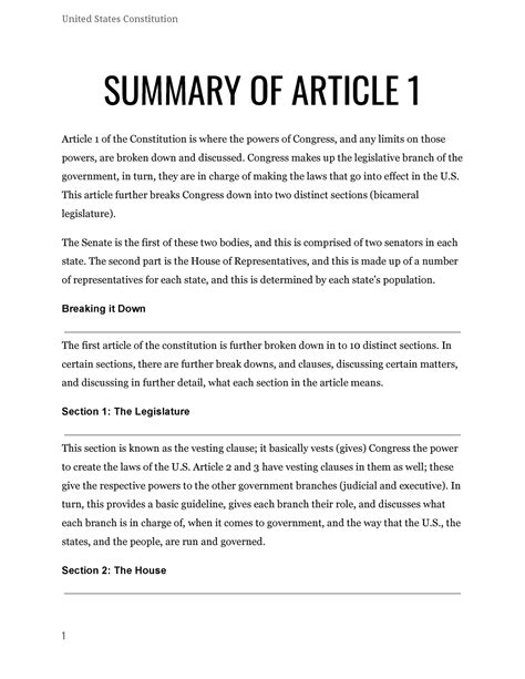 Summaries of U.S. Constitution and Articles - United States Constitution SUMMARY OF ARTICLE 1 ...