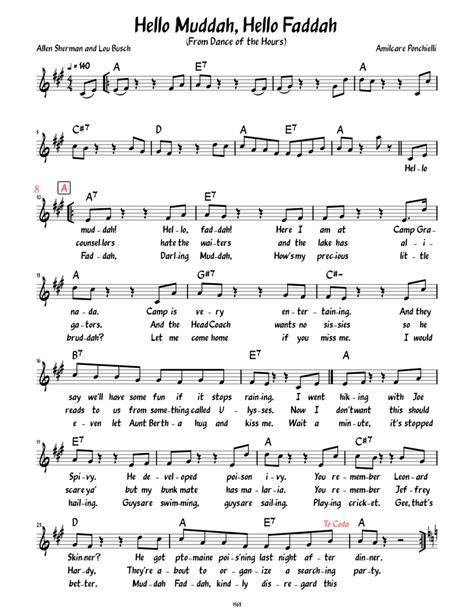 Hello Muddah, Hello Faddah (Lead sheet with lyrics ) Sheet music for Piano (Solo) Easy ...