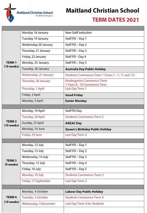 Term Dates | Maitland Christian School