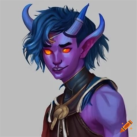 Tiefling bard character playing the lute with purple skin, red catlike eyes, and sapphire blue ...