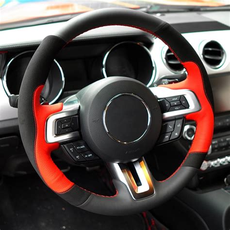 Loncky Auto Custom Fit OEM Black Red Leather Black Suede Steering Wheel Covers for Ford Mustang ...