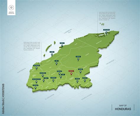 Stylized map of Honduras. Isometric 3D green map with cities, borders ...