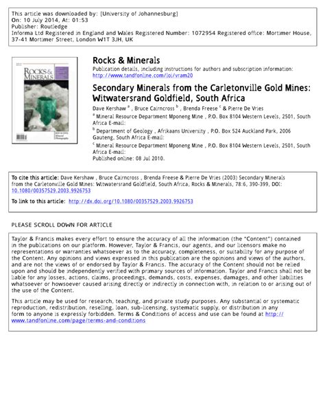 (PDF) Secondary Minerals from the Carletonville Gold Mines: Witwatersrand Goldfield, South Africa