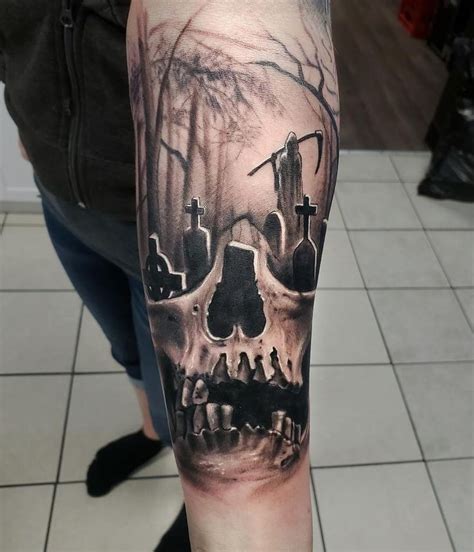 Cemetery/Skull tattoo done by Klym Mainland at In Depth Tattoos, Regina ...