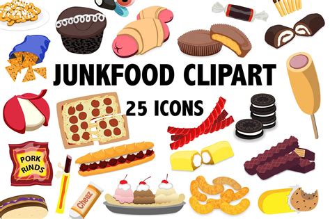 JUNK FOOD CLIPART - Printable snacks, pizza, cookies, dessert, and candy icon images Food ...