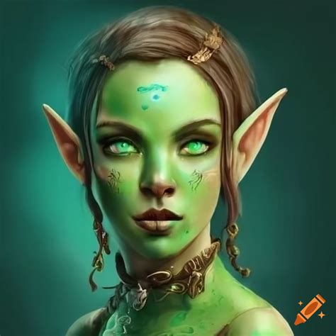 Digital art of a green-skinned wood elf girl on Craiyon