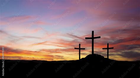 three crosses in silhouette on a hill with sunset Stock Photo | Adobe Stock