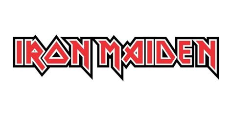 the iron maiden logo in red and black on a white background with text underneath it