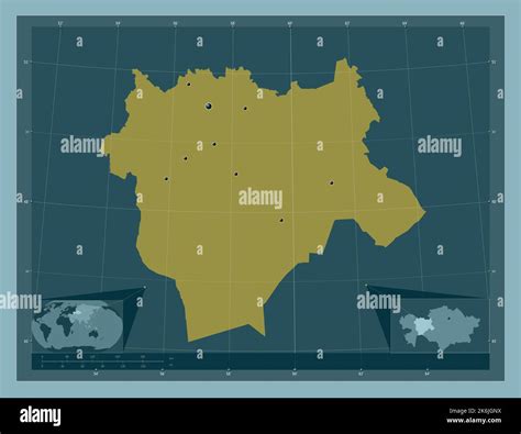 Aqtobe, region of Kazakhstan. Solid color shape. Locations of major ...
